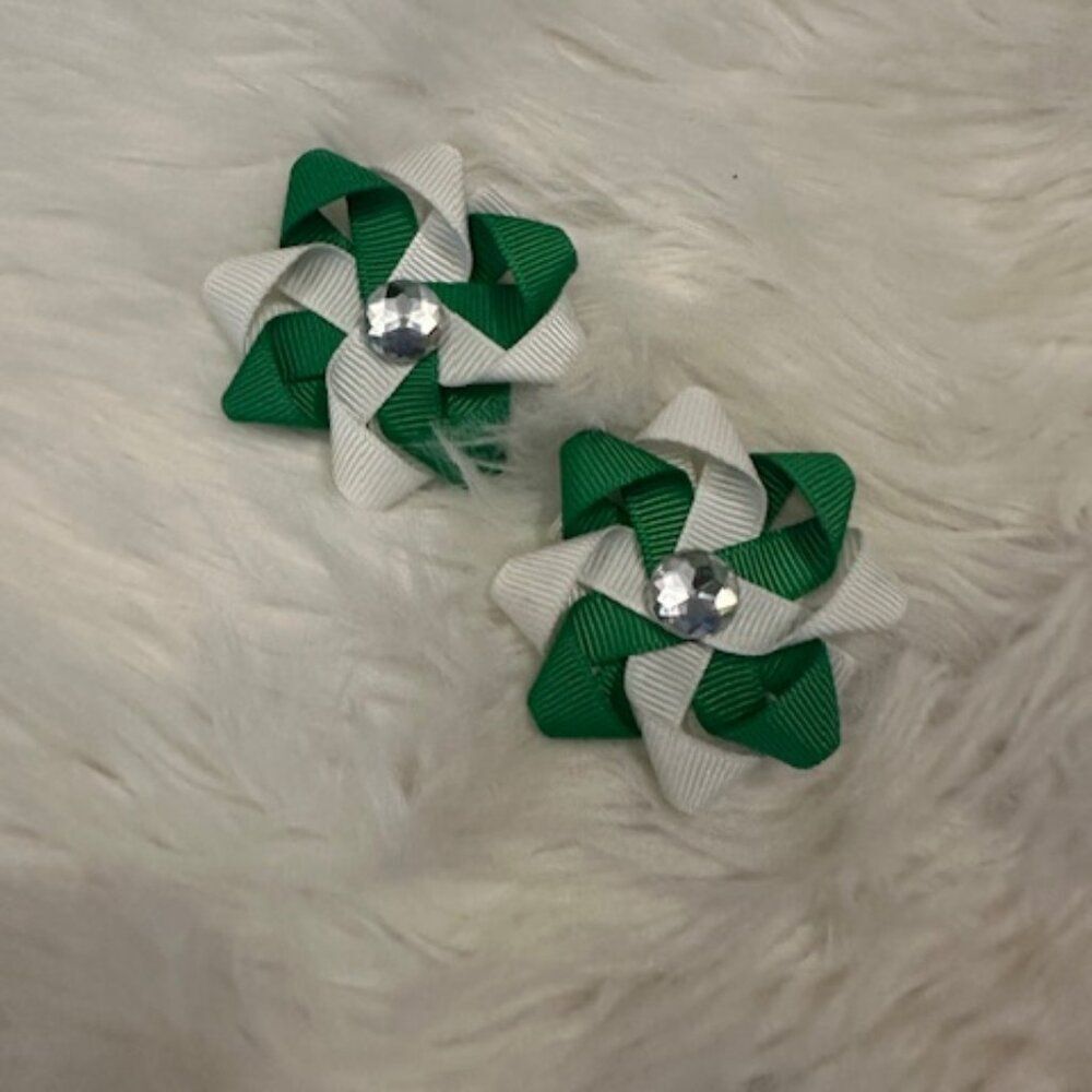 SET of 3" Green & White Ribbon Flower Bows  7652  Handmade NWT Boutique